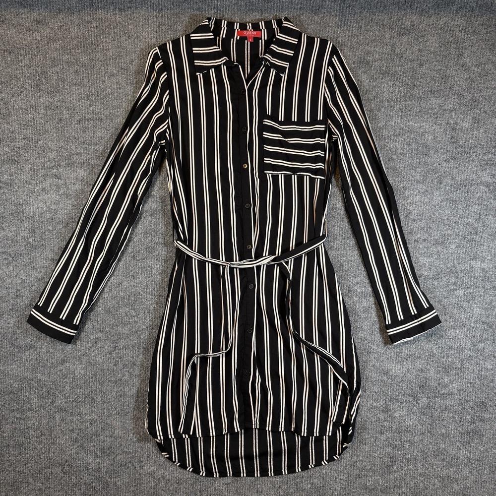 Guess Womens S Jen-Haya Shirt Dress Striped Roll Tab Sleeve Button Up Waist Wrap